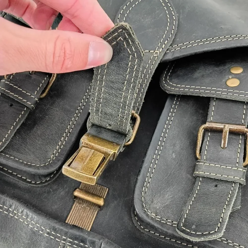 KomalC Genuine Leather Crossbody Satchel Black Distressed Buckle Messenger Bag